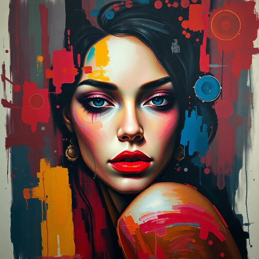 abstract expressionism, vivid colors, soft textures, mysterious, surrealism, emotive, geometric shapes, chiaroscuro lighting, bold lines, dynamic composition, enigmatic symbolism, contemporary influences, dreamlike, fluid movement, expansive space, sensual undertones, layered interpretation, modern female portrait