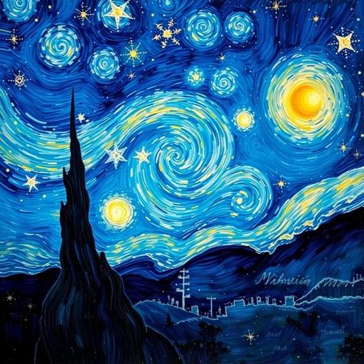 celestial entities, cosmic dance, Vincent Van Gogh influence, swirling galaxies, ethereal glow, deep indigos, golden accents, mystical aura, night sky splendor, dreamlike fantasy, surrealism, astral patterns, infinite space, starscape, luminous bodies, impressionistic touches, celestial harmony, vast universe, twinkling lights, stardust trails