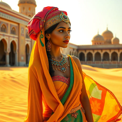 Arabian beauty, vibrant colors, flowing garments, intricate designs, warm lighting, exotic elegance, Henri Matisse influences, rich textures, cultural fusion, contemporary elements, radiant atmosphere, captivating gaze, dynamic movement, ornate patterns, harmonious balance, desert essence, vibrant allure, ethereal quality, sophisticated charm