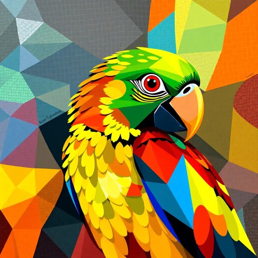 parrot, geometric shapes, vibrant colors, intricate patterns, Pablo Picasso influence, cubism, modern art, detailed feathers, kaleidoscope effect, mosaic texture, harmonious composition, dynamic movement, abstract representation, bold and vivid, interplay of shapes, fragmented forms, surreal imagination, expressive curves, playful symmetry, tropical essence