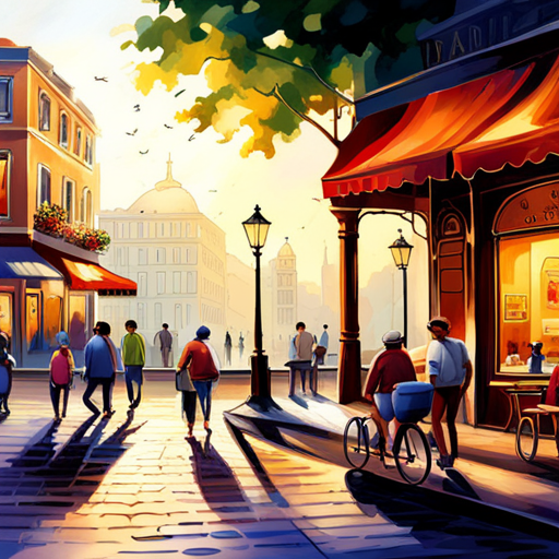 early morning light, peaceful scenery, vibrant colors, urban landscapes, city streets, architectural elements, shadows and highlights, serenity, daily routines, sunlight filtering through trees, quaint cafes, bustling restaurants, people walking, evening ambiance, streetlights, cityscape, charming buildings