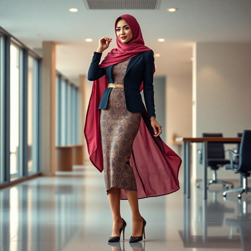 elegant Arab woman, contemporary fashion, hijab, professional attire, modern workplace, high heels, Middle Eastern influence, vibrant colors, soft ambient lighting, dynamic posing, cultural expression, delicate textiles, confident and empowering presence, sophisticated grace, diverse cultural representation, fusion of modern and traditional elements, cultural fusion, empowerment and poise, Impressionism influences, Gustav Klimt inspiration, Art Nouveau elegance, intricate patterns, intricate detailing, vibrant color palette, symbolic attire, office environment, balance and harmony, dynamic composition, surreal lighting, cultural narrative, refined textures, bold symbolism, artistic influences, multicultural dialogue, striking balance, expressive realism, innovative representation, unique fashion, delicate balance, harmonious color palette