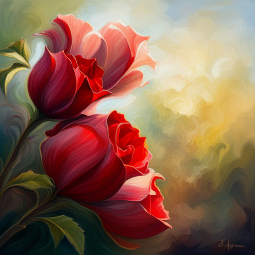 romanticism, still-life, oil painting, impressionism, art nouveau, warm lighting, chiaroscuro, emotional symbolism, thorns, red petals, life cycle, fragility, beauty, nature