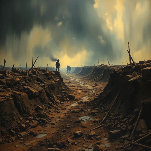 World War I, battlefield, shell hole, destruction, historical conflict, realism, Henri Rousseau, chiaroscuro lighting, somber mood, earth tones, dramatic perspective, craters, landscape, war-torn terrain, textured soil, immersive depth, metaphoric emptiness, poignant silence, layered composition, impressionist influences, reflective atmosphere, muted colors, raw textures, turbulent history, emotive impact, tension, ruins, nature reclaiming, symbolic void, desaturated hues, visual storytelling