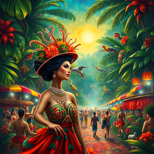 vibrant carnival, amazon jungle, lush greenery, rich cultural tapestry, Carmen Miranda, surrealism, tropical hues, dynamic movement, rhythmic energy, expressive colors, intricate patterns, lively street scenes, samba dancers, exotic wildlife, atmospheric perspective, detailed textures, magical realism, cultural diversity, spirited festivities, radiant sunlight, complex compositions, whimsical elements, bold palettes, mystical atmosphere, fantastical landscapes, tropical flora and fauna
