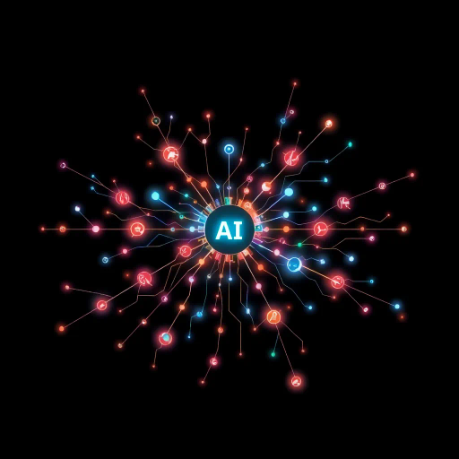 futuristic ai mind map, digital networks, interconnected nodes, vibrant colors, neural pathways, technology-inspired, abstract shapes, cybernetic theme, intricate patterns, artificial intelligence, contemporary design, computer graphics, minimalist aesthetic, dynamic flow, interconnected lines, data visualization, glowing elements, conceptual art, modern futurism, digital connectivity