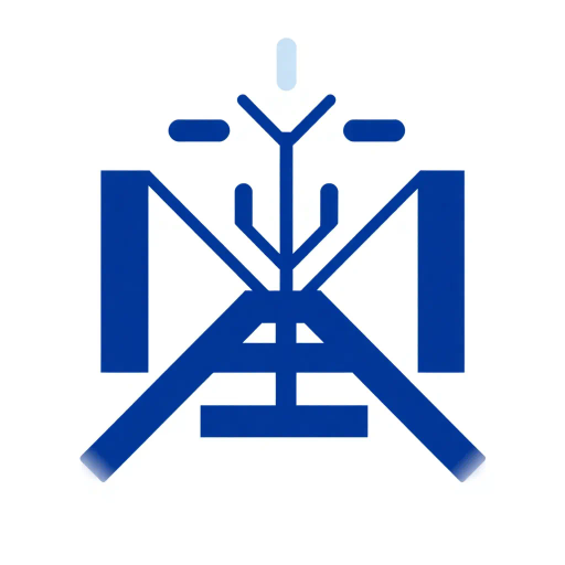 minimalist, bold, letter M, logo design, solid geometric shapes, V-shaped connectors, branching lines, hierarchy symbolism, indigo blue color palette, flat vector style, clean composition, modern SaaS branding, software aesthetics, white background, high-tech elegance, contemporary design, clarity, sleek presentation, geometric precision, corporate identity, monochromatic balance, visual hierarchy