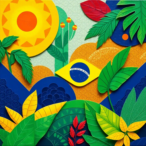 vibrant colors, geometric shapes, cultural symbolism, rich textures, tropical influence, modern interpretation, national pride, intricate patterns, dynamic composition, bright green, vivid gold, deep blue, movement, contemporary style, Brazilian culture, Jorge Amado, playful textures, dimensional layering, abstract representation, optimism and unity, dynamic forms, tropical landscapes, modernist influence, lush foliage, interconnected forms, depth and vibrancy, positive emotion, celebratory spirit, abstract art, unity and diversity