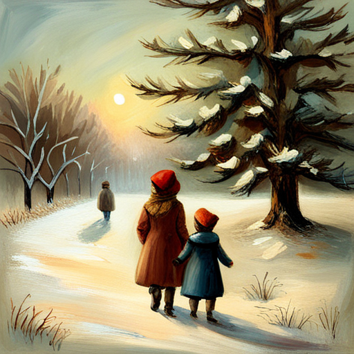 vintage, oil, impressionism, muted colors, texture, palette knife, thick brushstrokes, landscape, nature, nostalgic, romantic, soft lighting, French art, 19th century, outdoor scene, plein air, color harmony, atmosphere, brushwork, impasto, naturalism, tranquility, rustic charm, scenic beauty, capturing light, vintage charm, Winter Children under a Christmas Tree Painting, classic