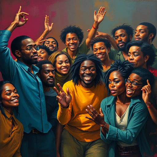 diverse group of people, harmonious composition, vibrant color palette, lively expressions, dynamic poses, contemporary setting, cultural fusion, atmospheric lighting, textured brushstrokes, modern realism, social interaction, emotional depth, intricate details, human experience, inclusion and diversity, expressive gestures, narrative storytelling, inspired by Kehinde Wiley, urban influence, dynamic framing, visual conversation, layered complexity, interconnectedness, societal reflection