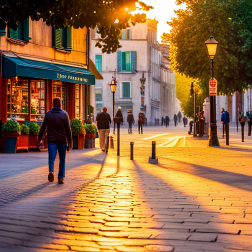 early-morning light, peaceful scenery, vibrant colors, urban landscapes, city streets, architectural elements, shadows and highlights, serenity, daily routines, sunlight filtering through trees, quaint cafes, bustling restaurants, people walking, evening ambiance, streetlights, cityscape, charming buildings