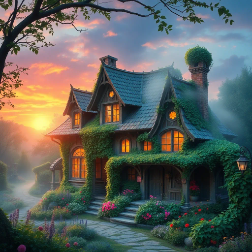 enchanted cottage, mystical sunrise, vibrant hues, intricate woodwork, whimsical architecture, lush gardens, ivy-covered walls, Claude Monet influence, serene atmosphere, dreamlike quality, soft lighting, pastoral setting, nature-inspired, ethereal mist, vibrant flora, peaceful refuge, intricate details, storytelling elements, whimsy, enchanted realm, magical realism, fairytale essence, color harmony