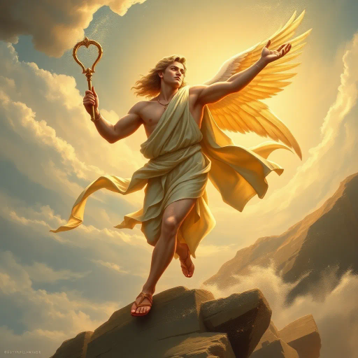 Hermes, Greek god, divine messenger, wings on sandals, caduceus, classical antiquity, dynamic pose, mythological figure, spiritual journey, open sky, ethereal glow, bronze sheen, golden highlights, Renaissance elegance, lively expression, flowing robes, celestial ambiance, Olympian grandeur, masterful brushwork, majestic presence, fluid motion, wind-swept landscape, Michelangelo, baroque drama, chiaroscuro lighting, mythic narrative, historical symbolism, cosmic perspective, atmospheric depth, allegorical motif, timeless scale