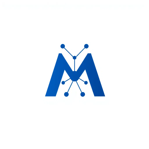 abstract letter M logo, parent node, child nodes, thin branching lines, tree hierarchy, indigo gradient, minimal vector design, white background, geometric abstraction, modernist influence, Bauhaus, clean lines, connection symbolism, hierarchical structure, conceptual design, negative space, visual balance, contemporary aesthetics