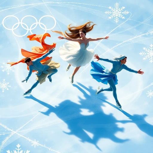 winter landscape, graceful skater, Olympic competition, dynamic motion, surreal elegance, glistening ice, dramatic lighting, vibrant colors, fluid movement, delicate balance, modern artistry, celebratory atmosphere, sportsmanship, international influence, precise technique, Alexander Calder inspiration, futuristic design, cold palette, geometric patterns, sweeping lines, epic scale, abstract realism, vivid textures, harmonious composition