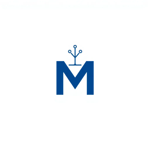minimalist, bold, letter M, logo design, solid geometric shapes, V-shaped connectors, branching lines, hierarchy symbolism, indigo blue color palette, flat vector style, clean composition, modern SaaS branding, software aesthetics, white background, high-tech elegance, contemporary design, clarity, sleek presentation, geometric precision, corporate identity, monochromatic balance, visual hierarchy