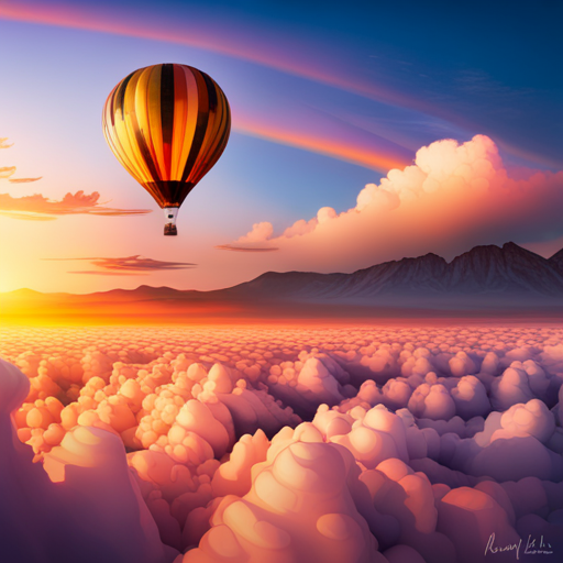 vibrant colors, large scale, dreamlike landscape, whimsical hot air balloon, surreal atmosphere, fantasy elements, imaginative composition, ethereal lighting, fantastical perspective, magical realism, floating sensation, colorful palette, otherworldly adventure