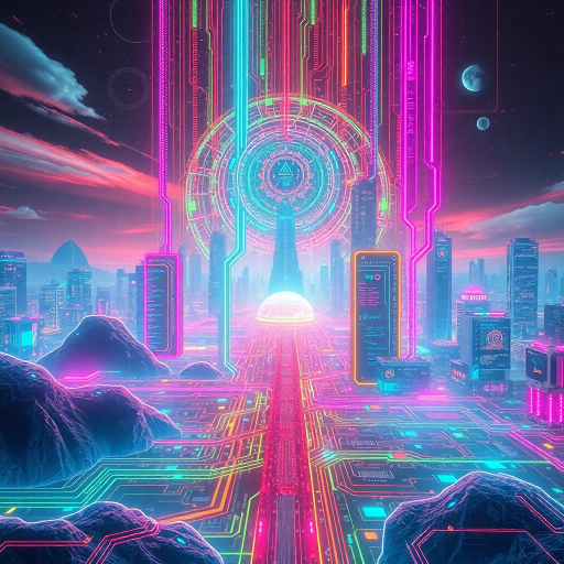 futuristic landscapes, artificial intelligence, surreal juxtaposition, vibrant neon hues, intricate circuitry, dynamic composition, glowing interfaces, ethereal presence, cybernetic forms, futuristic cityscapes, abstract algorithms, digital consciousness, avant-garde techniques, immersive technology, holographic elements, sci-fi influences, luminescent patterns, modern aesthetics, high-tech realms, visionary narrative