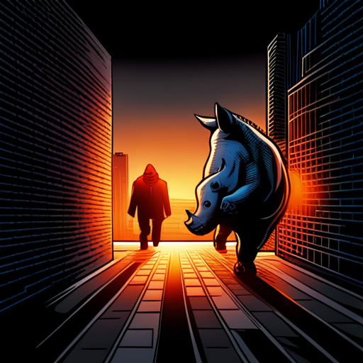 rhino, stealing, bank, heist, action, crime, superhero, dark, shadows, suspense, dynamic, cityscape, dramatic, graphic, bold, ink, vibrant colors, fast-paced, adrenaline, robbery, escape, danger, tension, intense, graphic novel