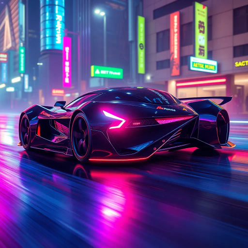 futuristic car design, sleek lines, chrome finish, vibrant neon highlights, dramatic lighting, dynamic movement, aerodynamic shape, retro-futurism, precision engineering, urban environment, concept art, high-tech materials, hyper-realistic detailing, modern aesthetics, speed and agility, metallic textures, ambient atmosphere, avant-garde composition, illuminated cityscape, art deco influences