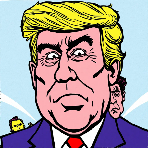 satirical caricature, exaggerated features, political symbolism, vibrant colors, pen-and-ink textures, Roy Lichtenstein influence, pop art era, humor-driven narrative, dynamic composition, bold outlines, American cultural elements, emotionally charged expressions, satirical tone, mid-20th century reference, iconic imagery, energetic line work, visual wit, comic strip aesthetics, subversive commentary, metaphorical elements, humorous distortion, graphic novel feel, societal critique, modern pop influence, bright contrasting hues, cultural satire, pulsating energy