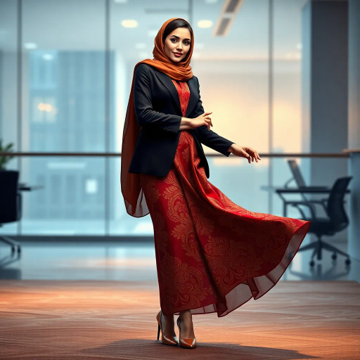 elegant Arab woman, sophisticated hijab, modern workplace, professional attire, high heels, Middle Eastern influence, contemporary art, intricate patterns, vibrant colors, soft lighting, dynamic pose, Impressionism influences, delicate fabrics, confident and empowering presence, cultural expression, diverse representation, cultural fusion, modernism, grace and poise, harmony, balance, cultural narrative, advanced digital techniques, refined textures, bold symbolism, inspired by Gustav Klimt, Art Nouveau elegance, surreal lighting, empowered femininity, rich textures, fluid movement, intricate details, cultural symbolism, confident aura, dynamic composition