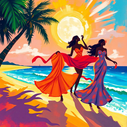 elegant figures, beach setting, vibrant colors, impressionistic style, inspired by Henri Matisse, flowing sands, tropical atmosphere, dynamic poses, radiant sunlight, azure waves, soft brush strokes, serenity, joy, cultural diversity, vibrant patterns, natural grace, warm hues, playful elegance, nuanced femininity, carefree spirit, summer ambiance, fluid lines, artistic freedom, idyllic scenery, radiant warmth, contemporary blend