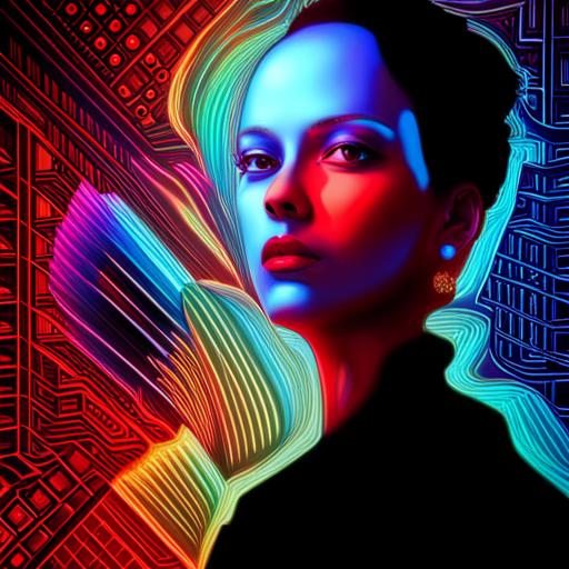 AI programming in a singularity matrix, exploring the boundaries of identity and consciousness through vivid colors and abstract shapes with hints of cyberpunk and postmodernism