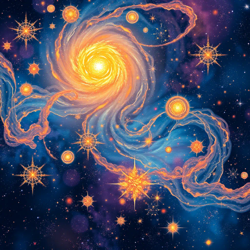 celestial entities, cosmic dance, Vincent Van Gogh influence, swirling galaxies, ethereal glow, deep indigos, golden accents, mystical aura, night sky splendor, dreamlike fantasy, surrealism, astral patterns, infinite space, starscape, luminous bodies, impressionistic touches, celestial harmony, vast universe, twinkling lights, stardust trails