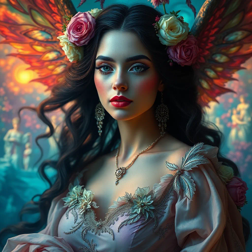 exaggerated dimensions, mythical allure, flowing curves, vibrant colors, soft lighting, baroque opulence, sensual expression, dynamic movement, mythical goddess, ethereal presence, surreal beauty, luminescent highlights, fantastical realms, intricate patterns, Da Vinci influence, Renaissance elegance, dreamlike essence, symbolic femininity, graceful contour, emotional depth, enchanting narrative