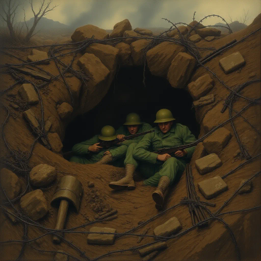 World War I soldiers, hiding, muddy shell hole, mud, trench warfare, dramatic lighting, somber mood, detailed textures, rain-soaked, earth tones, devastation, James McNeill Whistler influence, realism, historical accuracy, period uniforms, earth and grime, tension, fear, close-up perspective, battle scene, immersive atmosphere, Claude Monet's brushwork, contrasting shadows, dark clouds, gritty realism, survival, human struggle, war-torn landscape, muted colors, emotional depth, chiaroscuro, historical narrative, defined lines, Henri Rousseau's surrealism