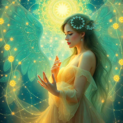 ethereal beauty, celestial ambiance, luminous light, intricate details, vibrant colors, surreal dreamscape, elegant fluidity, whimsical charm, delicate features, serene expression, enchanted wonderland, renaissance inspiration, soft pastels, ephemeral mystery, dynamic composition, fantastical narrative, atmospheric depth, emotion of awe, graceful movement, timeless elegance, visual poetry, inspired by Alphonse Mucha, magical realism