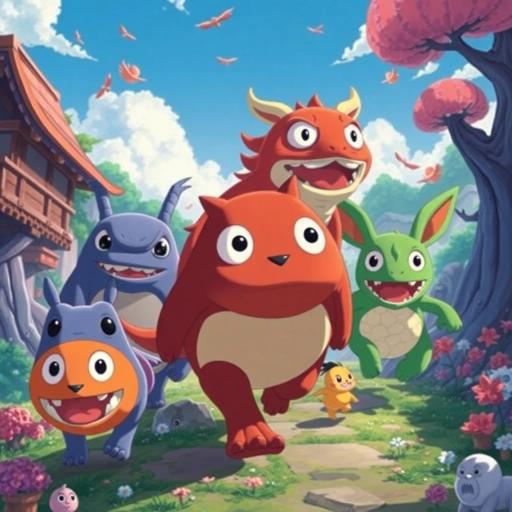 vibrant colors, dynamic composition, Studio Ghibli inspiration, detailed environments, expressive character designs, emotional depth, fantastical themes, cultural motifs, fluid motion, nostalgic atmosphere, distinctive line art, otherworldly settings, intricate detailing, magical realism, retro-futuristic elements, storytelling focus, character-driven narrative, visual storytelling, imaginative landscapes, enchanting creatures