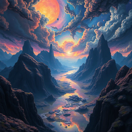 vibrant, immersive, surreal landscape, evocative atmosphere, sweeping vistas, hyper-realism, intricate textures, Claude Monet, Salvador Dali, modern surrealism, dynamic lighting, contrasting shadows, lush colors, intricate details, dreamlike, expansive space, fantastical elements, ethereal glow, abstract forms, depth and dimension, atmospheric perspective, high resolution, psychedelic influences, serene yet mysterious