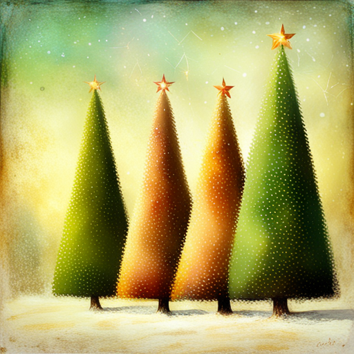 four Christmas tree, white background, textured, oil, vintage