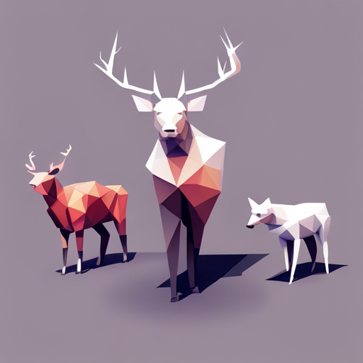 abstract, vector, low-poly, small, goat, antlers, robot, white background, geometric shapes, minimalism, composition, polygonal, texture, digital design, angular, contemporary, artificial intelligence, 3D modeling, sci-fi, futuristic, metal material, symmetry