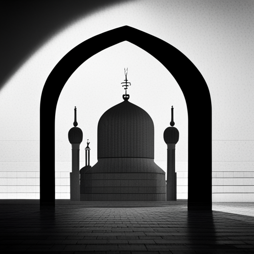 symbolic masjid, rounded border, border shadow, clock, time 04:10, caption, walking distance, location