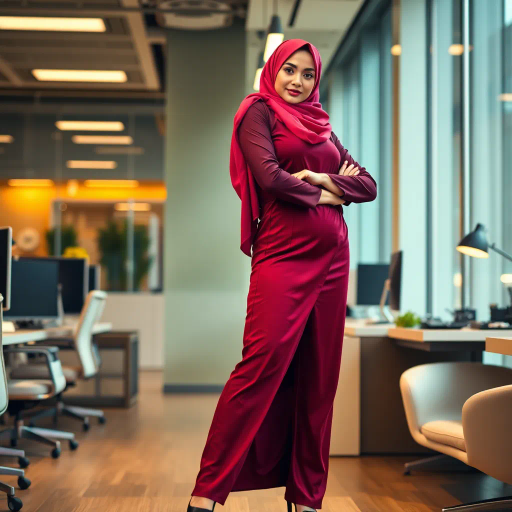 elegant Arab woman, sophisticated hijab, modern workplace, professional attire, high heels, Middle Eastern influence, contemporary art, intricate patterns, vibrant colors, soft lighting, dynamic pose, Impressionism influences, delicate fabrics, confident and empowering presence, cultural expression, diverse representation, cultural fusion, modernism, grace and poise, harmony, balance, cultural narrative, advanced digital techniques, refined textures, bold symbolism, inspired by Gustav Klimt, Art Nouveau elegance, surreal lighting, empowered femininity, rich textures, fluid movement, intricate details, cultural symbolism, confident aura, dynamic composition