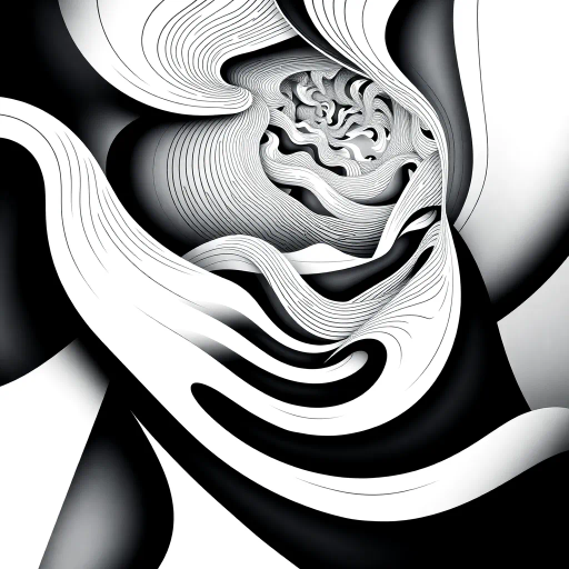 geometric shapes, intricate patterns, flowing lines, minimalist design, abstract expression, monochrome palette, dynamic movement, M.C. Escher influence, precise detailing, linear perspective, conceptual exploration, visual harmony, contour emphasis, spatial depth, contemporary influence, surreal geometry, optical illusion, mathematical artistry, avant-garde composition, abstract forms, pen and ink medium, black and white contrast, intersecting lines, detailed tessellation, fluid dynamics, rhythmic patterns, creative geometry, fine linework, subtle gradients, modern abstraction, artistic innovation, interlocking forms, infinite loops, Escherian landscapes, artistic paradox
