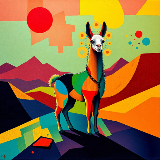 llama, geometric patterns, angular shapes, vibrant colors, contrast lighting, surreal landscape, modern art, abstract expressionism, vivid textures, dynamic composition, playful symmetry, artistic whimsy, Pablo Picasso influence, contemporary styles, bold outlines, unexpected color palette, artistic movement, symmetrical alignment, surreal forms, fantastical essence, minimalistic backdrop, mystical mood, unconventional symmetry, artistic innovation, geometric abstraction
