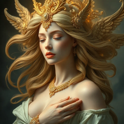 mythical goddess, ethereal beauty, Baroque influence, dynamic composition, vivid golds, soft skin textures, romantic lighting, divine femininity, voluptuous forms, opulent garments, surreal landscapes, luminescent aura, celestial themes, hyper-realistic details, delicate contrasts, elegant poise, Michelangelo inspiration, flowing hair, Renaissance echoes, emotional depth