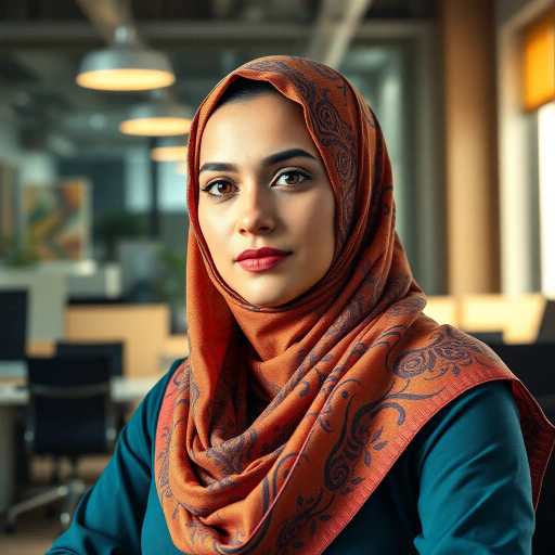 Arab woman, hijab, modern workplace, vibrant colors, intricate patterns, Middle Eastern art, contemporary design, focused expression, harmonious balance, cultural richness, office environment, sunlight illumination, expressive brushstrokes, detailed textures, empowering presence, dynamic composition, calligraphy influence, abstract elements, symmetry, warm tones, high contrast, artistic flair, creative aura, delicate fabric textures, cross-cultural influence
