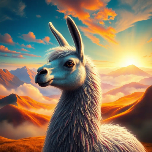 mystical llama, Salvador Dalí, surreal landscapes, vibrant colors, flowing textures, ethereal glow, fantastic realism, imaginative creativity, otherworldly ambiance, enchanted highlands, dreamlike scenery, mythical charm, dynamic composition, magical realism, cloaked in mist, detailed fur, luminous alpenglow, whimsical allure, gentle majesty, impressionistic, radiant horizon