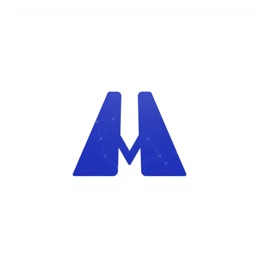 abstract letter M logo, parent node, child nodes, thin branching lines, tree hierarchy, indigo gradient, minimal vector design, white background, geometric abstraction, modernist influence, Bauhaus, clean lines, connection symbolism, hierarchical structure, conceptual design, negative space, visual balance, contemporary aesthetics