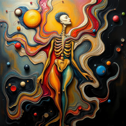 abstract anatomy, surreal forms, Salvador Dali, flowing lines, vibrant colors, organic shapes, dream-like, postmodern, contrasting textures, fluid motion, golden ratio, expressionism, dynamic composition, cultural symbolism, intimate scale, chiaroscuro lighting, emotional resonance, organic materials, metaphorical representation