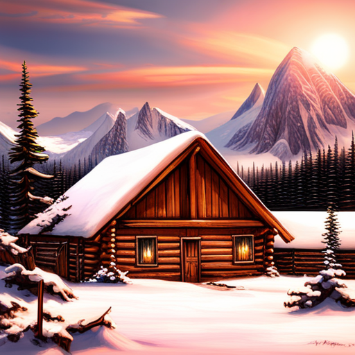 majestic, serene, landscape, peaceful, remote, solitude, cozy, rustic, wooden, cabin, mountains, nature, escape, retreat, tranquility, forest, trees, snow-capped peaks, scenic, enhance, digital art