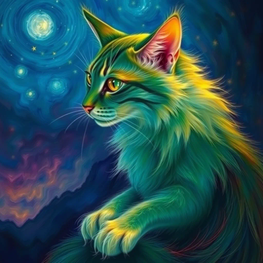 elegant feline form, surrealistic ambiance, inspired by Salvador Dali, Starry Night lighting, Baroque influences, vibrant hues of sapphire and emerald, soft fur texture, dreamlike and whimsical atmosphere, intricate detailing, dynamic pose, Renaissance composition, imaginative and mysterious, twilight setting, impressionist brushwork, ethereal glow, rich tapestry of colors, flowing lines, harmonious balance, artistic narrative, intriguing gaze, artistic depth, fanciful and otherworldly, timeless elegance