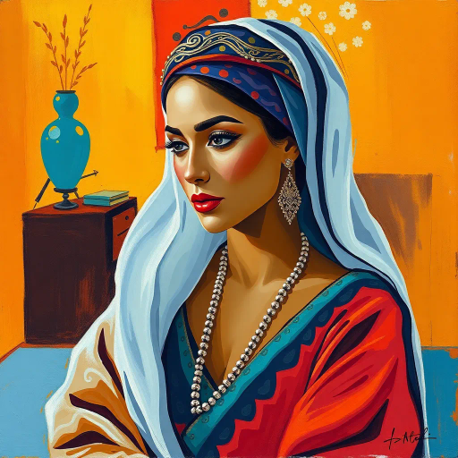 inspired by Matisse, contemporary style, Middle Eastern influence, warm lighting, vibrant colors, detailed textures, acrylic brushstrokes, cultural symbolism, elegant composition, sophisticated silhouette, traditional attire, focused expression, serene mood, graceful movement, calligraphic lines, intricate patterns, cross-cultural communication, timeless narrative, dynamic perspective, modern workplace, integration of tradition and modernity, emphasis on heritage, stylistic fusion, harmonious balance
