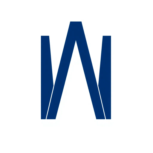 bold letter M, parallel strokes, tapering structure, upward hierarchy, indigo blue, geometric precision, vector design, minimalist aesthetic, structural elegance, balance and symmetry, clean composition, white background, modernist influences, Bauhaus geometry, minimal lines, disciplined form, artistic clarity, abstract expression, Kandinsky inspiration, harmonious contrast, flat color fields, innovative typographic elements, Swiss design principles, mid-century modern vibes