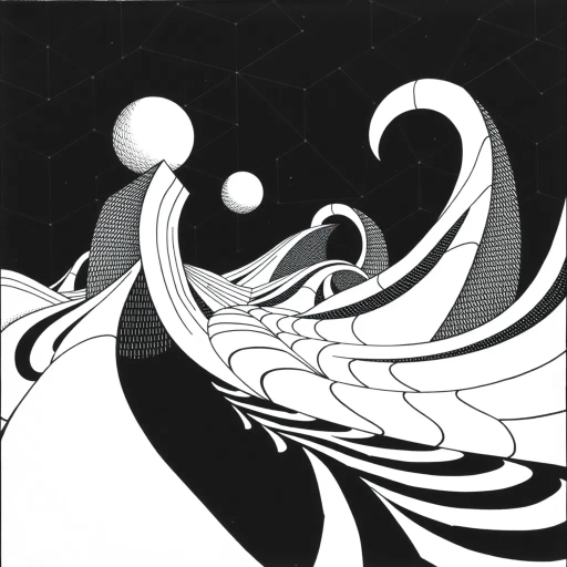 geometric shapes, intricate patterns, flowing lines, minimalist design, abstract expression, monochrome palette, dynamic movement, M.C. Escher influence, precise detailing, linear perspective, conceptual exploration, visual harmony, contour emphasis, spatial depth, contemporary influence, surreal geometry, optical illusion, mathematical artistry, avant-garde composition, abstract forms, pen and ink medium, black and white contrast, intersecting lines, detailed tessellation, fluid dynamics, rhythmic patterns, creative geometry, fine linework, subtle gradients, modern abstraction, artistic innovation, interlocking forms, infinite loops, Escherian landscapes, artistic paradox